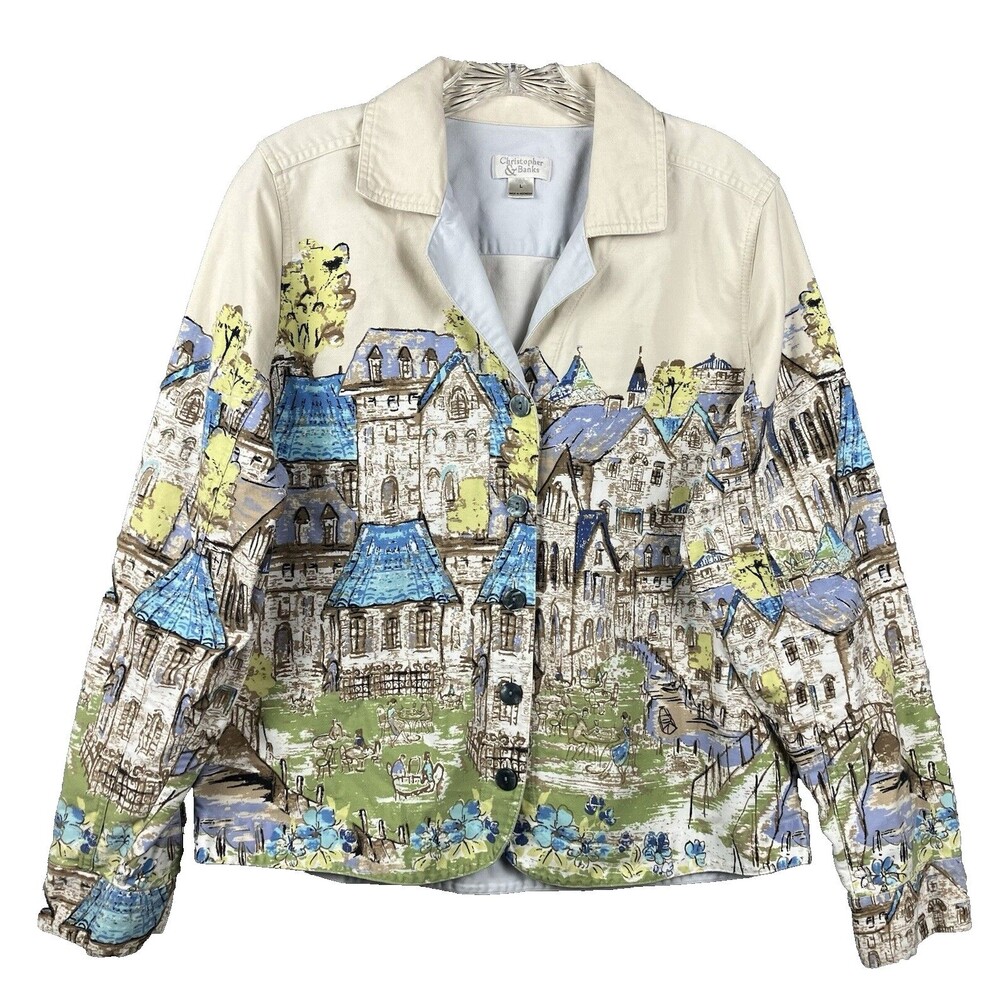 Christopher & Banks Parisian Village Artsy Jacket Women's L  All Over Print